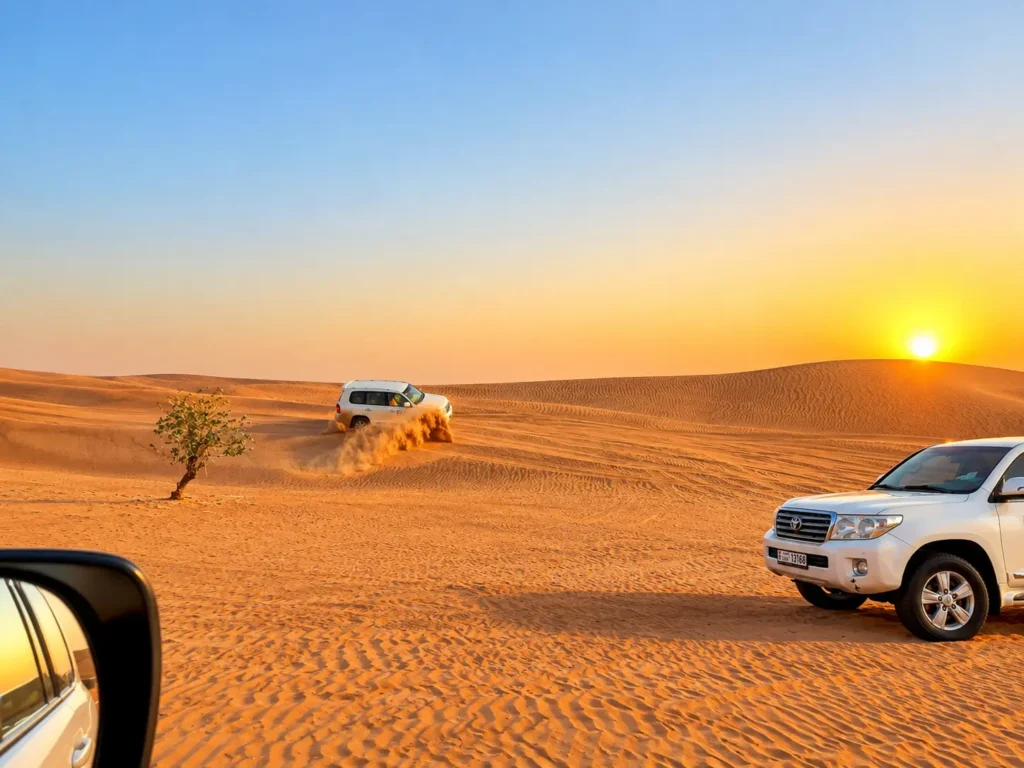 Morning Desert Safari Abu Dhabi with Land Cruiser in the desert at sunrise